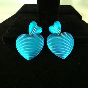 Vintage Avon Earrings Heart Post Dangle Metallic Blue & Silver Tone